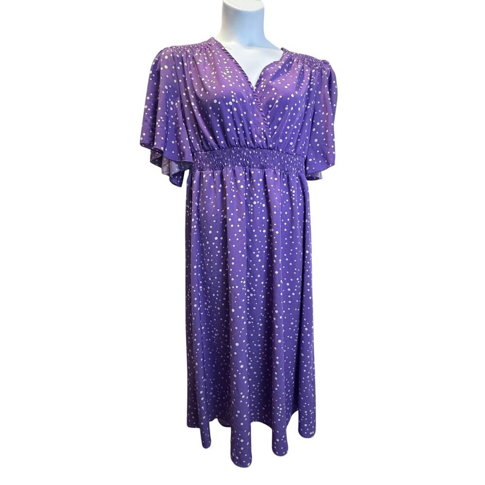 Babydoll 2XL Purple Polka Dot V-Neck Flutter Sleeve Smocked Waist Midi Dress